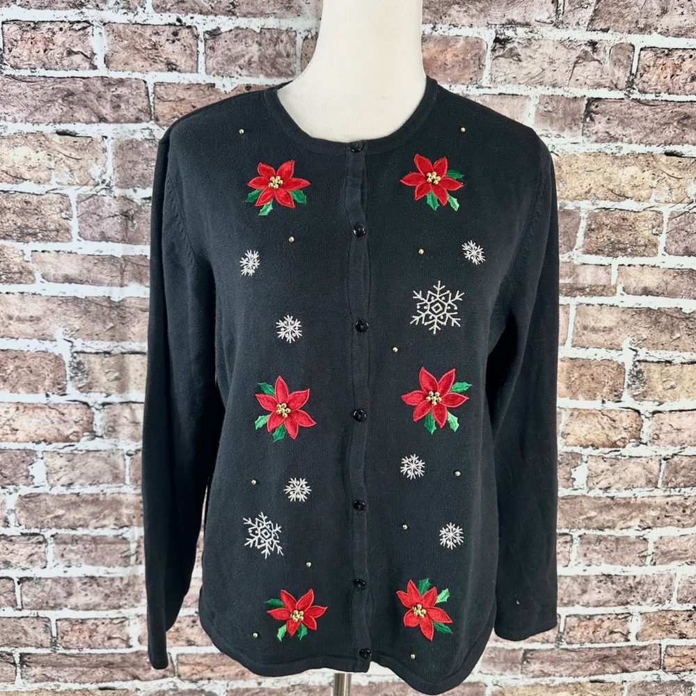 Croft‎ & Barrow Black Christmas Poinsettia Snowflake Cardigan Sweater Women's L
